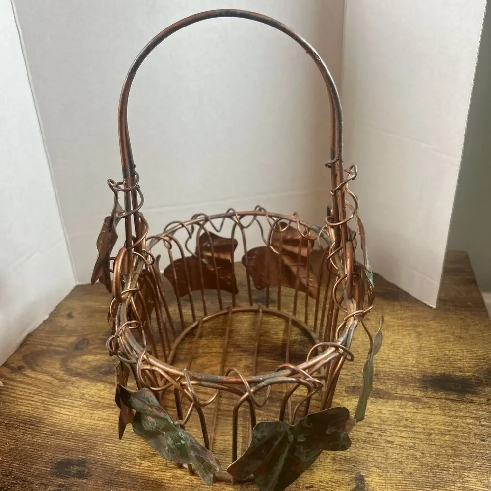 Metal Ivy Decor Oval Basket Copper Tone 10in Tall Rustic Table Organizer Storage